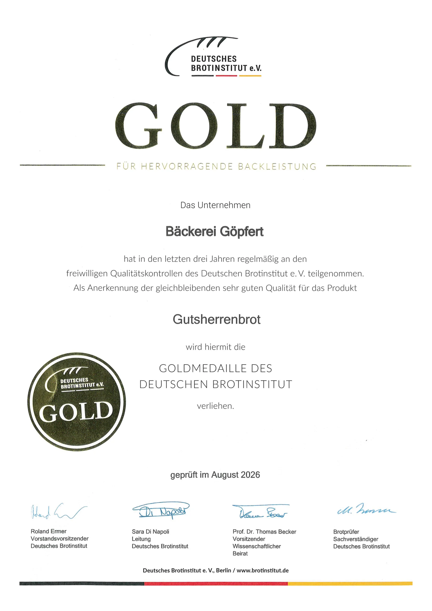 Zertifikat des Deutschen Brotinstituts e. V. mit Gold-Auszeichnung für das Gutsherrenbrot der Bäckerei Göpfert.